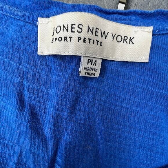 JONES NEW YORK sequin, short sleeve, rounded neckline. Blue T-shirt, women's PM - Picture 6 of 6